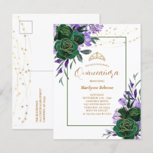 Paarse bloemige gouden Quinceañera uitnodiging
