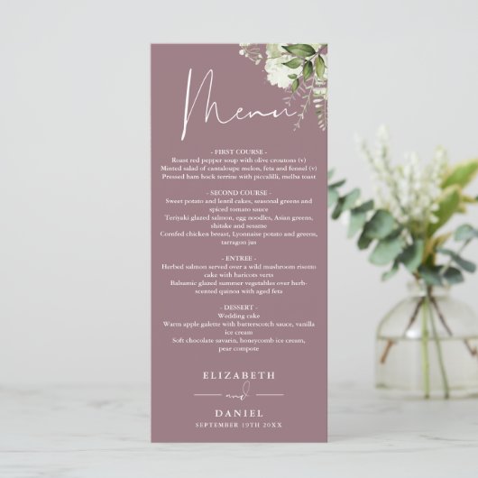 Paarse Bloemige Groene Monogram Huwelijksdiner Menu (Staand voorkant)