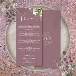 Paarse Bloemige Groene Monogram Huwelijksdiner Menu