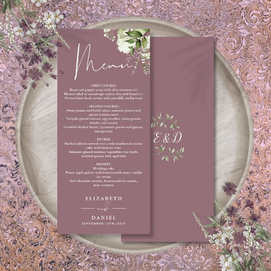 Paarse Bloemige Groene Monogram Huwelijksdiner Menu