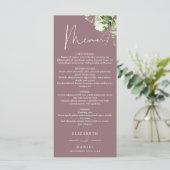 Paarse Bloemige Groene Monogram Trouwdiner Menu (Staand voorkant)
