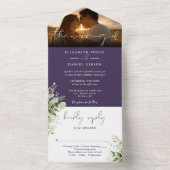 Paarse Bloemige Groene Scriptie Huwelijksfoto All In One Uitnodiging (Binnen)