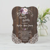 Paarse Bloemige Houten Brunch en Mousserende Bruid Kaart (Staand voorkant)