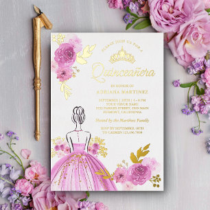 Paarse Bloemige Jurk Prinses Quinceanera Goud Folie Uitnodiging