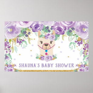 Paarse bloemige lama babyshower welkom achtergrond poster