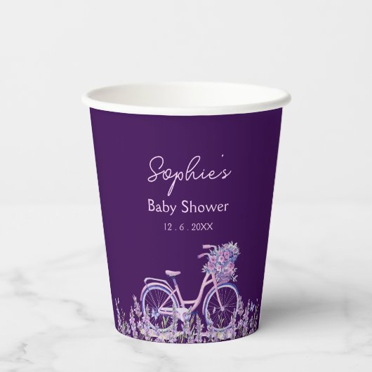 Paarse Bloemige Lavendel Fiets Baby Shower Papieren Bekers (Achterkant)