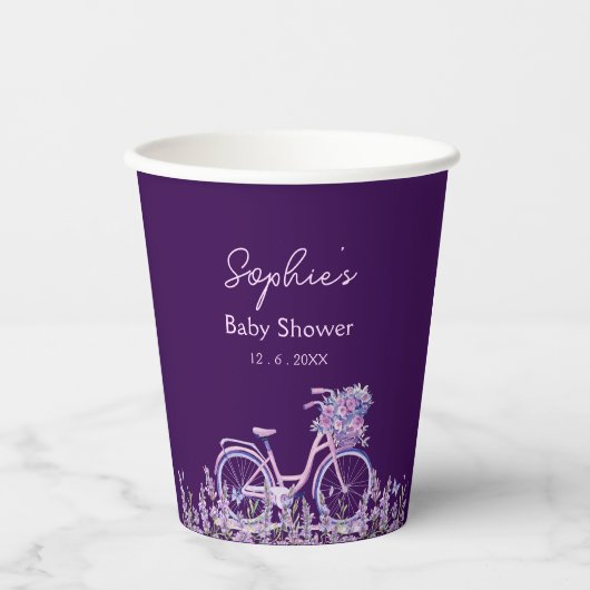 Paarse Bloemige Lavendel Fiets Baby Shower Papieren Bekers (Voorkant)