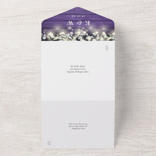 Paarse Bloemige Metselpotten Lichtsnoeren Bruiloft All In One Uitnodiging (Buitenkant)