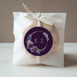 Paarse Bloemige Monogram Boho Gouden Lijst Bruilof Ronde Sticker