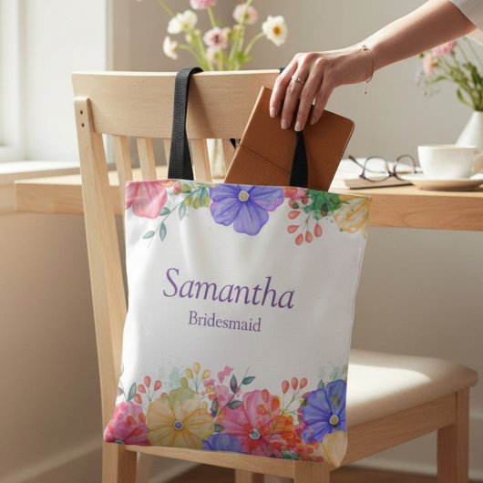 Paarse Bloemige Monogram Bruidsmeisje Tote Bag