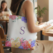 Paarse Bloemige Monogram Bruidsmeisje Tote Bag