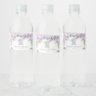 Paarse Bloemige Mooie Olifant Baby Shower Baby Mei Waterfles Etiket