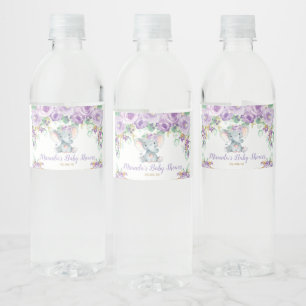 Paarse Bloemige Mooie Olifant Baby Shower Meisje Waterfles Etiket