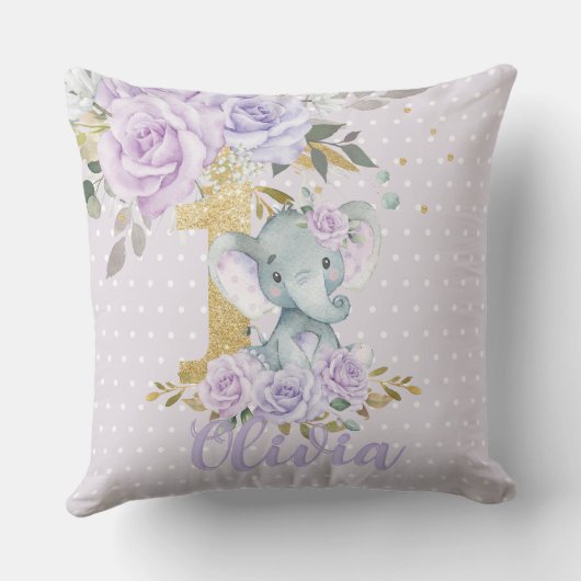 Paarse bloemige Mopslol Olifant 1e verjaardag Aand Kussen (Achterkant)