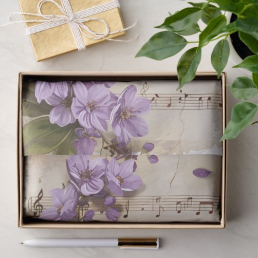Paarse bloemige muziekblad ephemera tissuepapier (Geschenk)