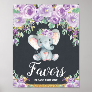 Paarse bloemige olifant baby shower feest favoren poster