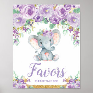 Paarse bloemige olifant baby shower feest favoriet poster