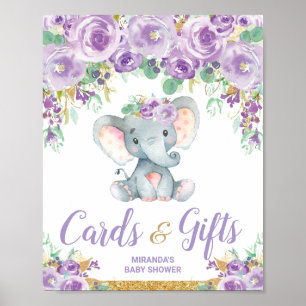 Paarse Bloemige Olifant Baby Shower Kaarten Cadeau Poster