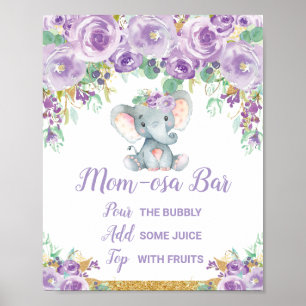 Paarse Bloemige Olifant Baby Shower Momosa Bar Bor Poster