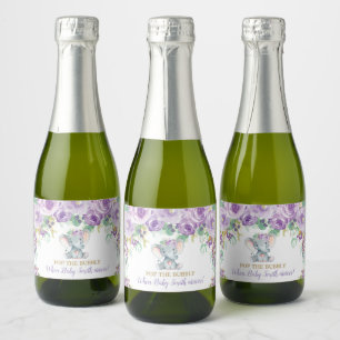 Paarse Bloemige Olifant Baby Shower Pop de Bubbeli Sparkling Wijnetiket