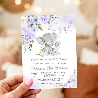 Paarse Bloemige Olifant Baby Shower Uitnodiging