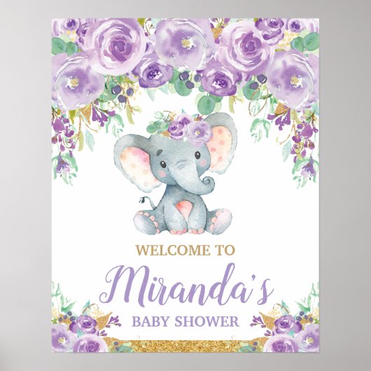 Paarse Bloemige Olifant Babyshower Welkom Poster (Voorkant)