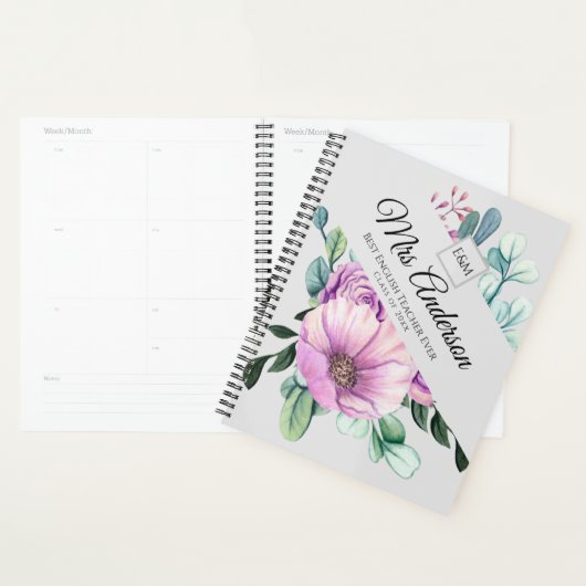 Paarse bloemige ONDERWIJZER Cadeau - Voeg naam kla Planner (Display)
