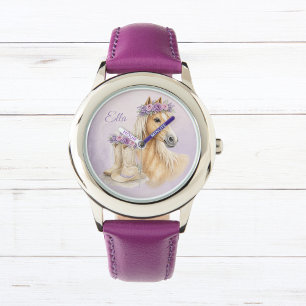 Paarse bloemige paard voor meisjes horloge