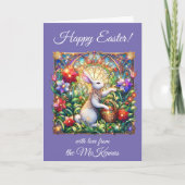 Paarse bloemige paaskonijn Glas in lood Feestdagen Kaart (Voorkant)
