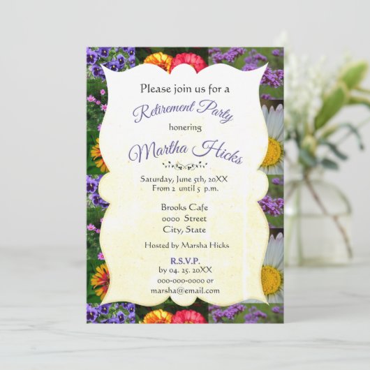 Paarse Bloemige Pensioenfeest Uitnodiging (Staand voorkant)