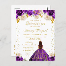 Paarse Bloemige Prinses Quinceañera Briefkaart