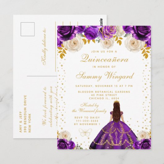 Paarse Bloemige Prinses Quinceañera Briefkaart (Voorkant / Achterkant)