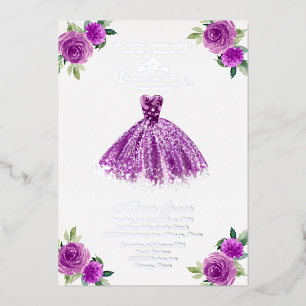 Paarse Bloemige Quinceanera Folie Uitnodiging