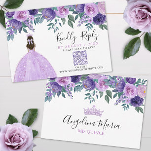 Paarse Bloemige Quinceanera QR Code RSVP Kaartje