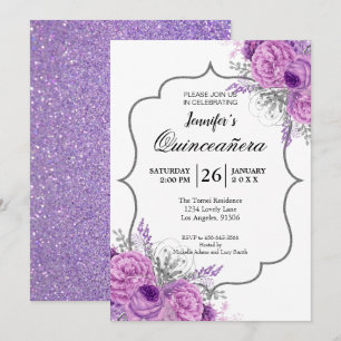 Paarse Bloemige Quinceanera Uitnodiging met Glitte
