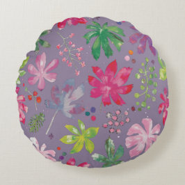 Paarse Bloemige Ronde Kussen – Roze Tuin Patroon