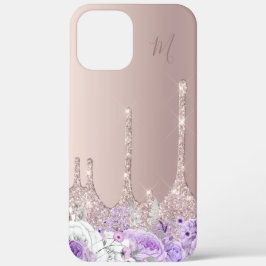 Paarse bloemige roos gouden glitters drijft monogr Case-Mate iPhone case