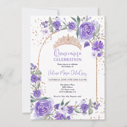 Paarse bloemige Roos gouden tiara prinses Quincean Kaart (Voorkant)
