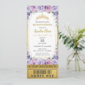 Paarse bloemige roos Quinceañera Sweet 16 VIP Tick Kaart (Staand voorkant)