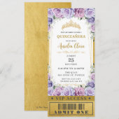 Paarse bloemige roos Quinceañera Sweet 16 VIP Tick Kaart (Voorkant / Achterkant)