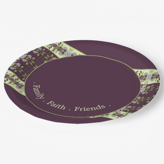 Paarse bloemige Rozen met patroon Papieren Bordje (Gekanteld)