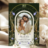 Paarse Bloemige "Save the Date" met Foto Kaart