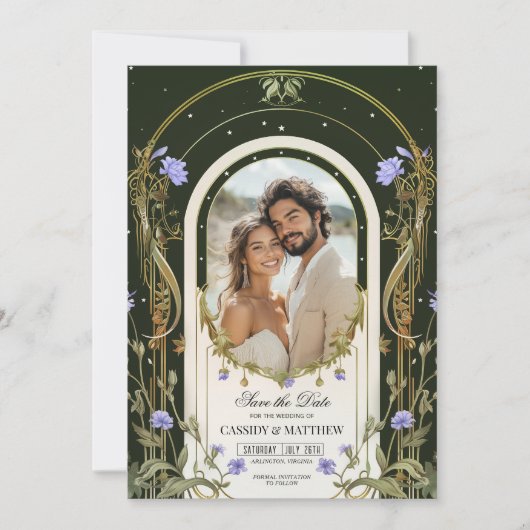 Paarse Bloemige "Save the Date" met Foto Kaart (Voorkant)