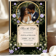Paarse Bloemige 'Save the Date' met Foto Uitnodigi