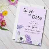Paarse Bloemige "Save the Date" Uitnodiging