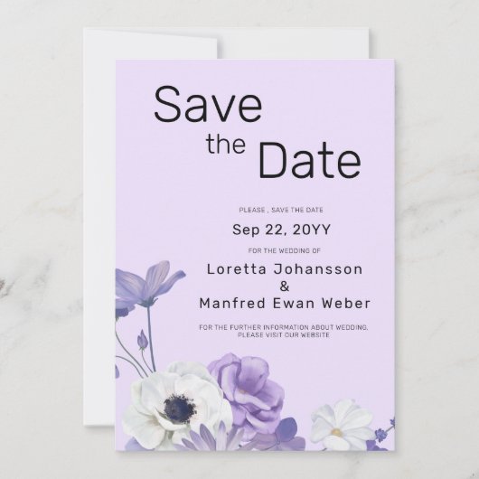 Paarse Bloemige "Save the Date" Uitnodiging (Voorkant)
