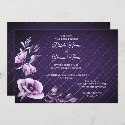 Paarse Bloemige Sierlijke Trouw Uitnodiging (Voorkant / Achterkant)