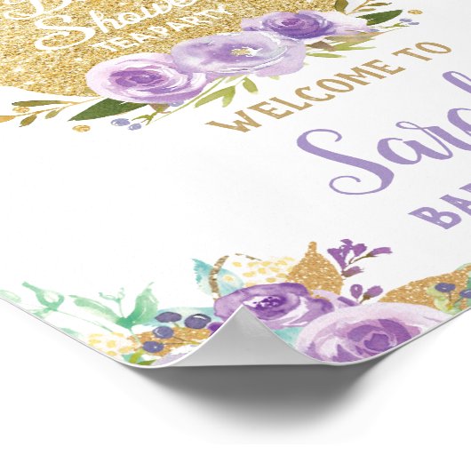 Paarse Bloemige Theepartij Baby Shower Welkombord Poster (Hoek)