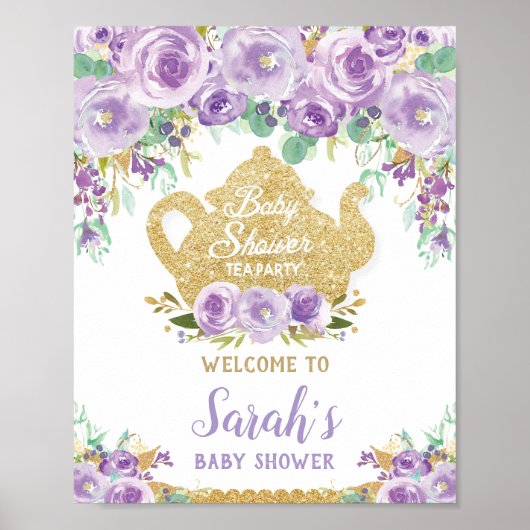 Paarse Bloemige Theepartij Baby Shower Welkombord Poster (Voorkant)