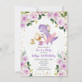 Paarse bloemige theepartij dinosaurus 3e verjaarda kaart (Voorkant)